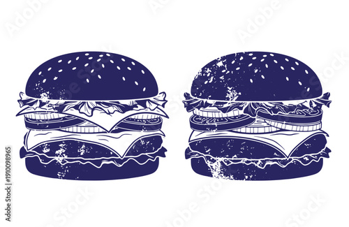 Grunge texture Two blue hamburger illustrations with sesame seed buns and various fillings on white background  fast food concept Vintage Style
