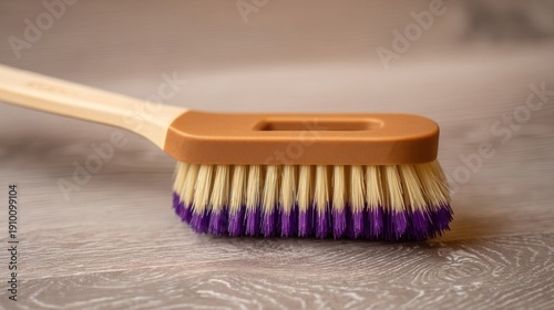 A brown brush with purple tips and tan bristles rests on a neutral surface,