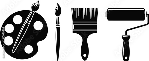 Black Vector Icon Set of Art and Painting Tools Including a Palette Paint Brushes and a Paint Roller