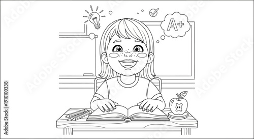Young girl reading book smiling.