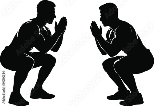 Black Vector Silhouette of a Man Performing Squats with Prayer Hands for Fitness Exercise Workout and Mindfulness Training