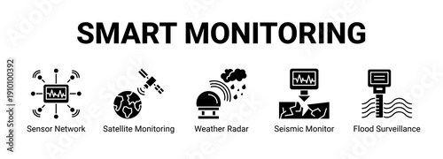 Smart Monitoring web banner icon concept, with Sensor Network, Satellite Monitoring, Weather Radar, Seismic Monitor.