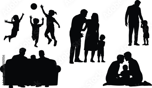 Black Vector Silhouettes of Families Including Children Playing Ball Parents With Kids and Couples for Lifestyle and Community Design