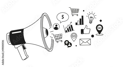 Megalophone with marketing icons around.