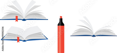 Open book icons with bookmark and red highlighter marker education vector illustration set