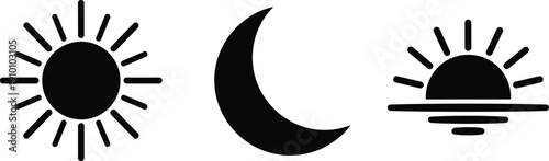 Minimalist Black Sun Moon and Sunset Icon Set Isolated on White Background for Weather Forecasting Nature Cycles and Celestial Vector Design Elements