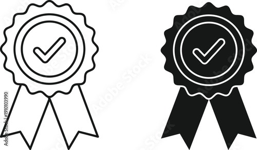 Black and white vector quality assurance seal icon set with check mark and ribbons for certified product guarantee and premium service excellence validation