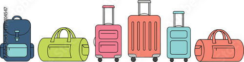 Set of six colorful travel bags including rolling suitcases duffel bags and a backpack in flat vector style,