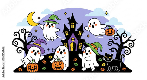 Halloween ghosts in witch hats gather around a spooky haunted house with jack o lanterns and a black cat on a purple night