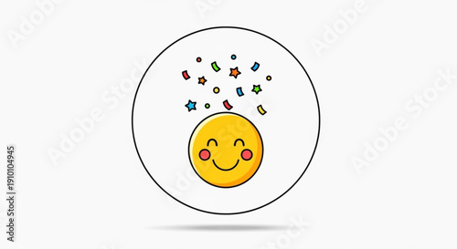 Smiling face with colorful stars and confetti happy emoticon with rosy cheeks and sparkles joyful expression in a circle