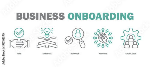 business onboarding banner web icon vector illustration featuring icons of hire, human resources, employee, behavior, welcome, knowledge.