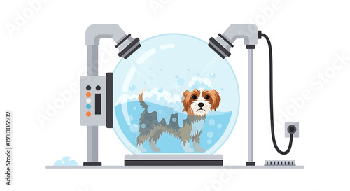 Cute Beagle Dog Getting a Bubble Bath in a Futuristic Pet Washing Machine.