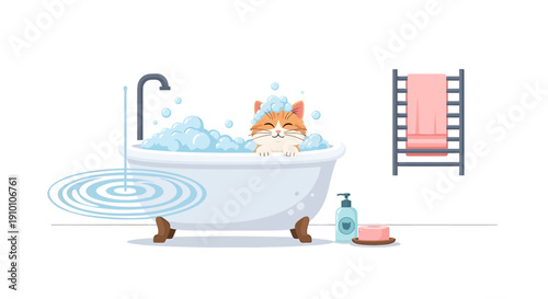 Cute orange cat taking a bubbly bath in a vintage bathtub.