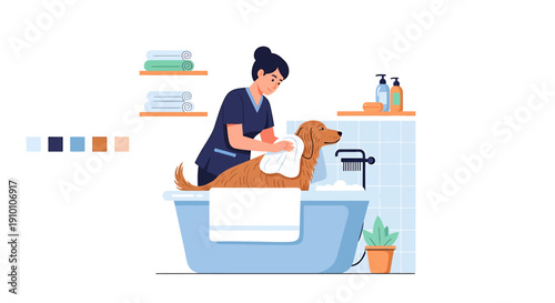 Groomer washing a dog in a bathtub with a towel.