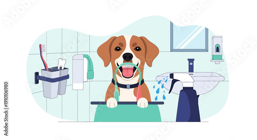 Happy Dog Brushing Teeth in Bathroom Setting.