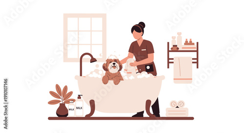 Woman bathing a small fluffy dog in a bathtub with soap bubbles.
