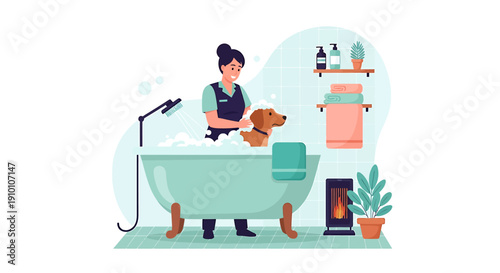 Woman grooming a dog in a bathtub at a pet spa.