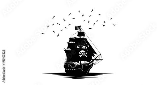 Silhouette of a pirate ship with Jolly Roger flag and flock of birds against white background