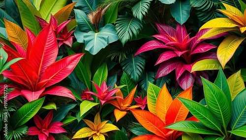 Lush, vibrant tropical foliage, diverse textures & colors,  vibrant,  large leaves