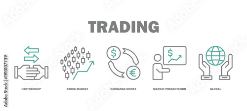 trading banner web icon vector illustration featuring icons of partnership, stock market, exchange money, market presentation, global.