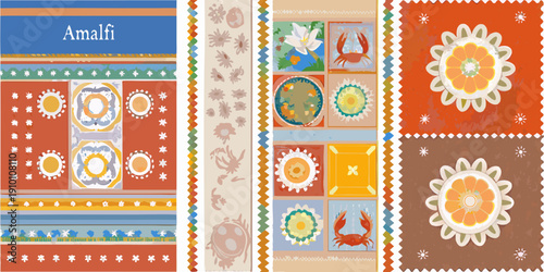 Collection of colorful patterned postage stamps with floral and marine designs