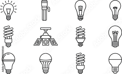 Light bulb outline icons set, energy saving lamp flashlight projector symbols collection, electricity idea vector isolated on white background