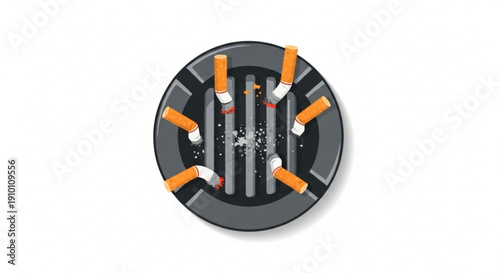 Cigarette butts in a black ashtray on white background smoking concept