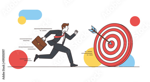 Businessman running towards a target with an arrow in the bullseye, symbolizing ambition and goal achievement in a flat design style.