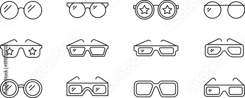 Eyeglasses outline icons set, round square retro 3d glasses frames collection vector isolated on white background modern design minimal style