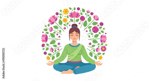 Woman meditates in lotus position surrounded by vibrant floral wreath with green leaves and colorful flowers