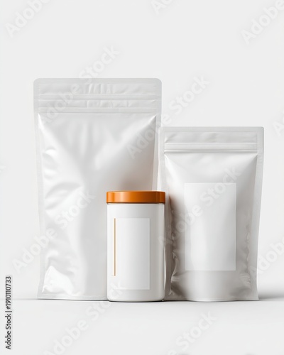 Three white stand-up pouches and a cylindrical container are arranged on a white surface, ready for custom branding.
