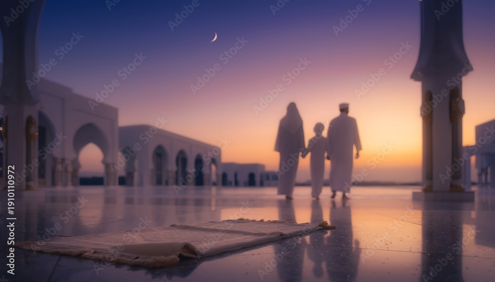 Fototapeta premium Family walks towards Mosque during sunset crescent moon over sky, Ramadan.