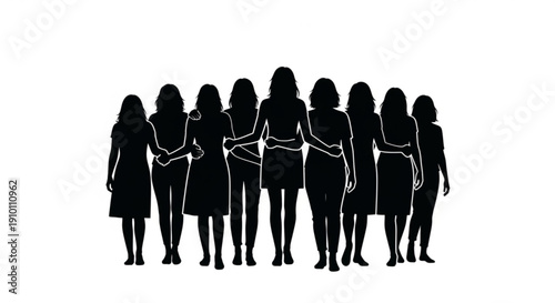 Eight women in black dresses standing together in a line silhouette