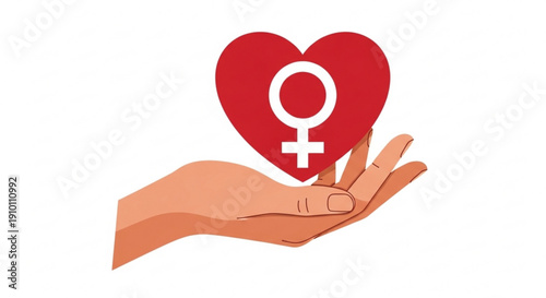 Female symbol on heart held by hand for women's rights and love
