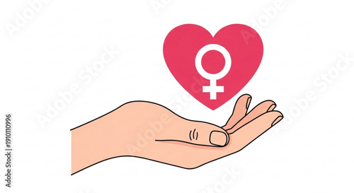 Female symbol on heart above open hand for feminism and love