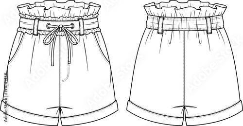 Women paperbag waist shorts technical fashion illustration, front and back views, detailed line art garment sketch for apparel design, sewing patterns, 