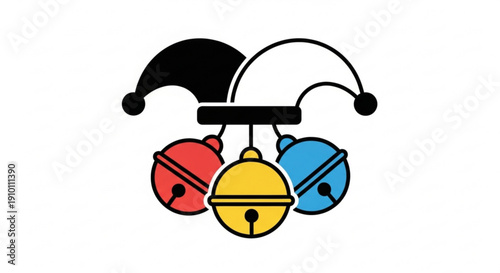 Jester Hat with Red, Yellow, and Blue Bells on White Background