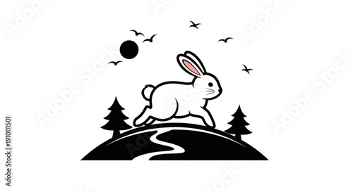 White Rabbit Running on Hill with Birds and Moon, Simple Illustration, Isolated on White