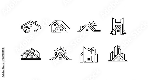 Collection of minimalist house and building line art icons.