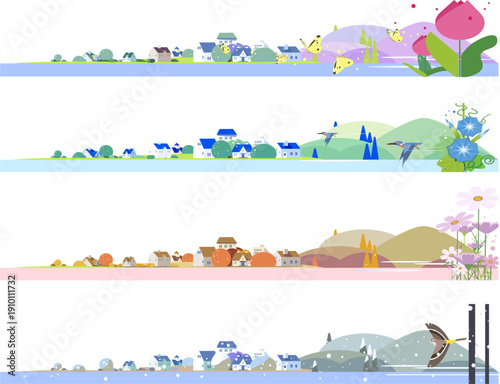 Set of Four Seasons Cityscape Illustrations, Horizontal Banners of Spring, Summer, Autumn, and Winter