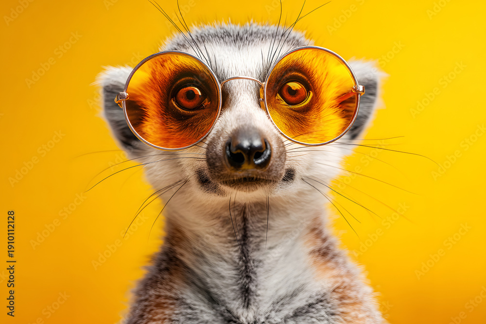 Obraz premium Lemur wearing sunglasses against a bright yellow background during a fun moment
