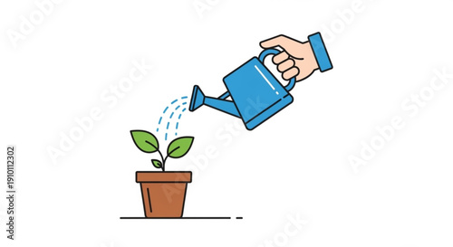 Hand watering a small potted plant with green leaves from blue watering can