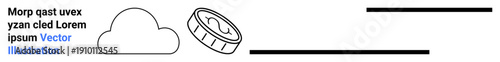 Cloud computing, digital economy, data security, fintech, technology workflow, online storage. A cloud outline next to a stylized coin and horizontal lines. Cloud computing and digital economy