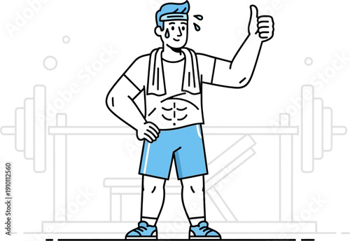 A fit man with visible abs, sweating after a workout, gives a thumbs-up in a gym setting with weights in the background.