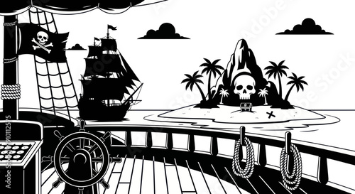 Pirate Ship Sailing Towards Skull Island with Treasure Chest and Jolly Roger Flag