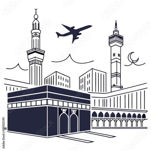 Hajj and Umrah travel concept: Silhouette of pilgrims boarding an airplane, symbolizing spiritual journeys and Islamic pilgrimage.