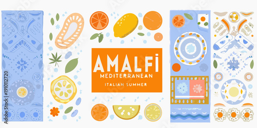 Amalfi coast inspired pattern with citrus fruits and mediterranean motifs