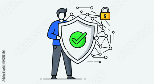 A person holding a shield with a checkmark, symbolizing data protection and network security.