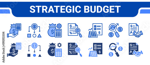 Strategic Budget Icon Collection,  featuring Budget, Cost allocation, Cost management, Estimate, Financial planning, Analysis, Control.