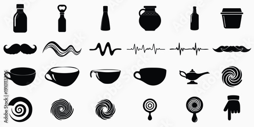Collection of black silhouette icons on white background